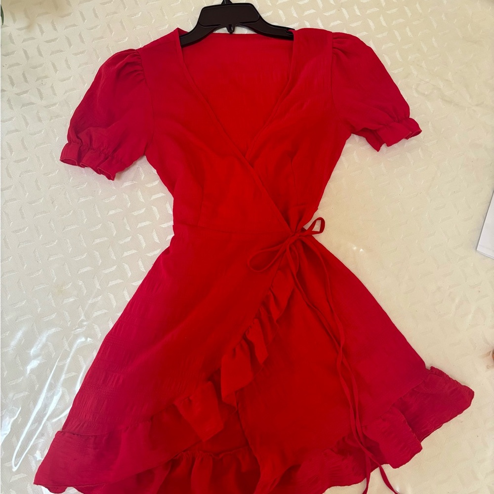 Red Wrap Mini Ruffle Dress with Bow tie - Size XS